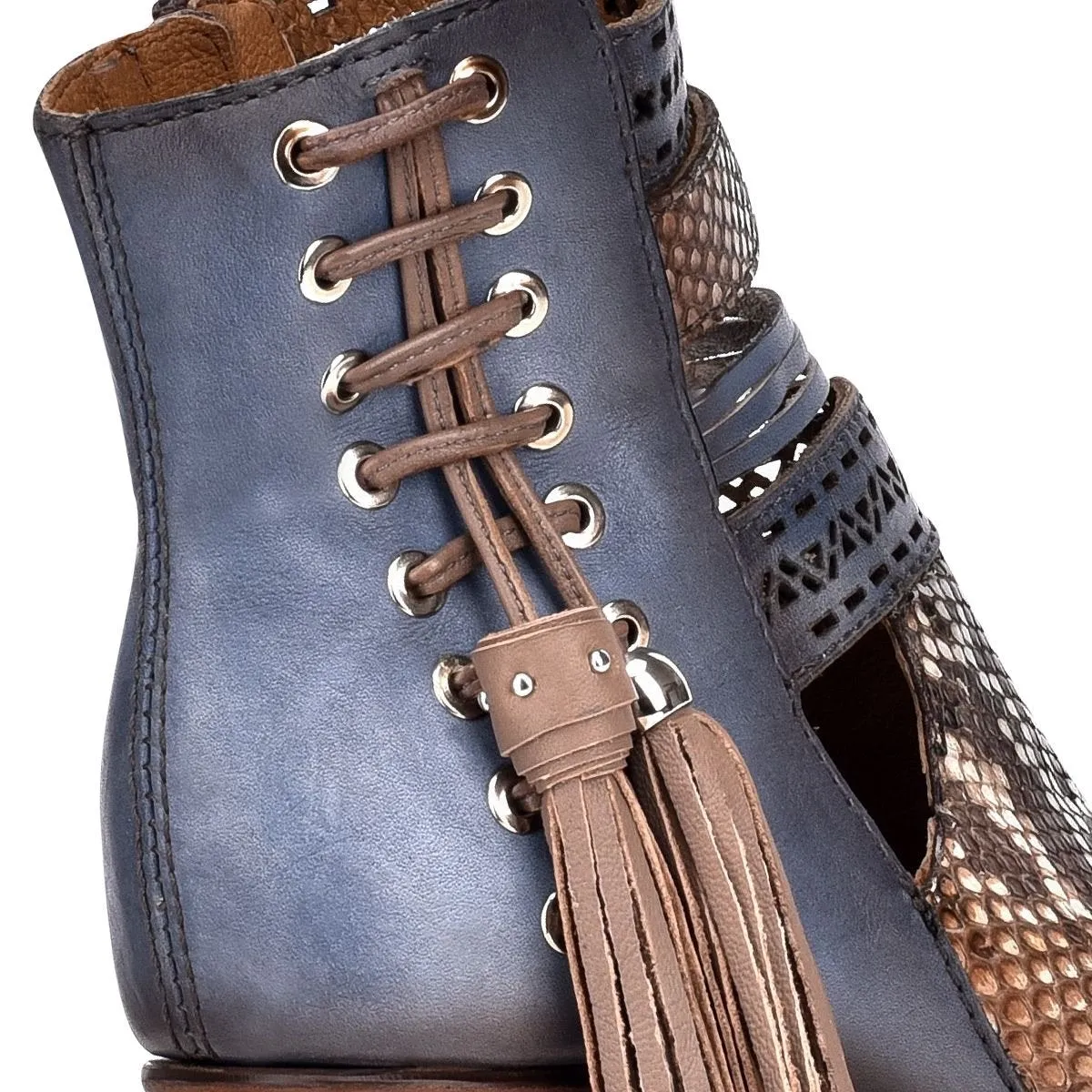 3F29PH - Cuadra sky blue western cowgirl python skin fringed ankle boots women