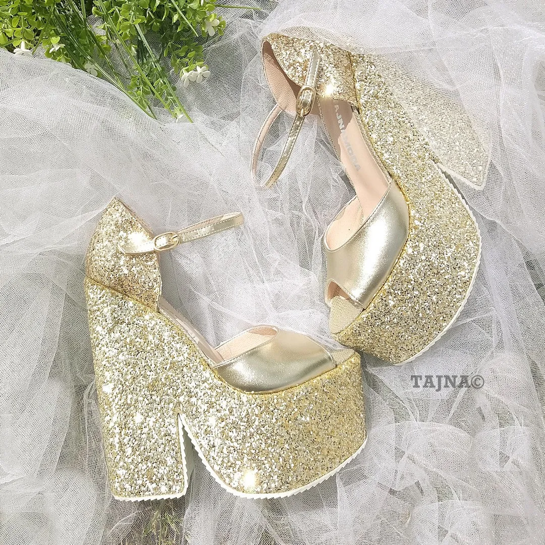 Ankle Strap Gold Shimmer Platform Wedge Sandals