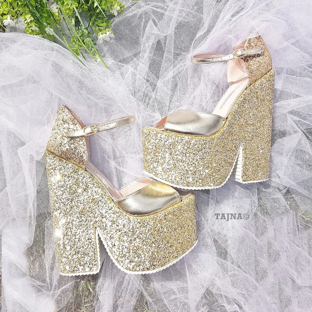 Ankle Strap Gold Shimmer Platform Wedge Sandals