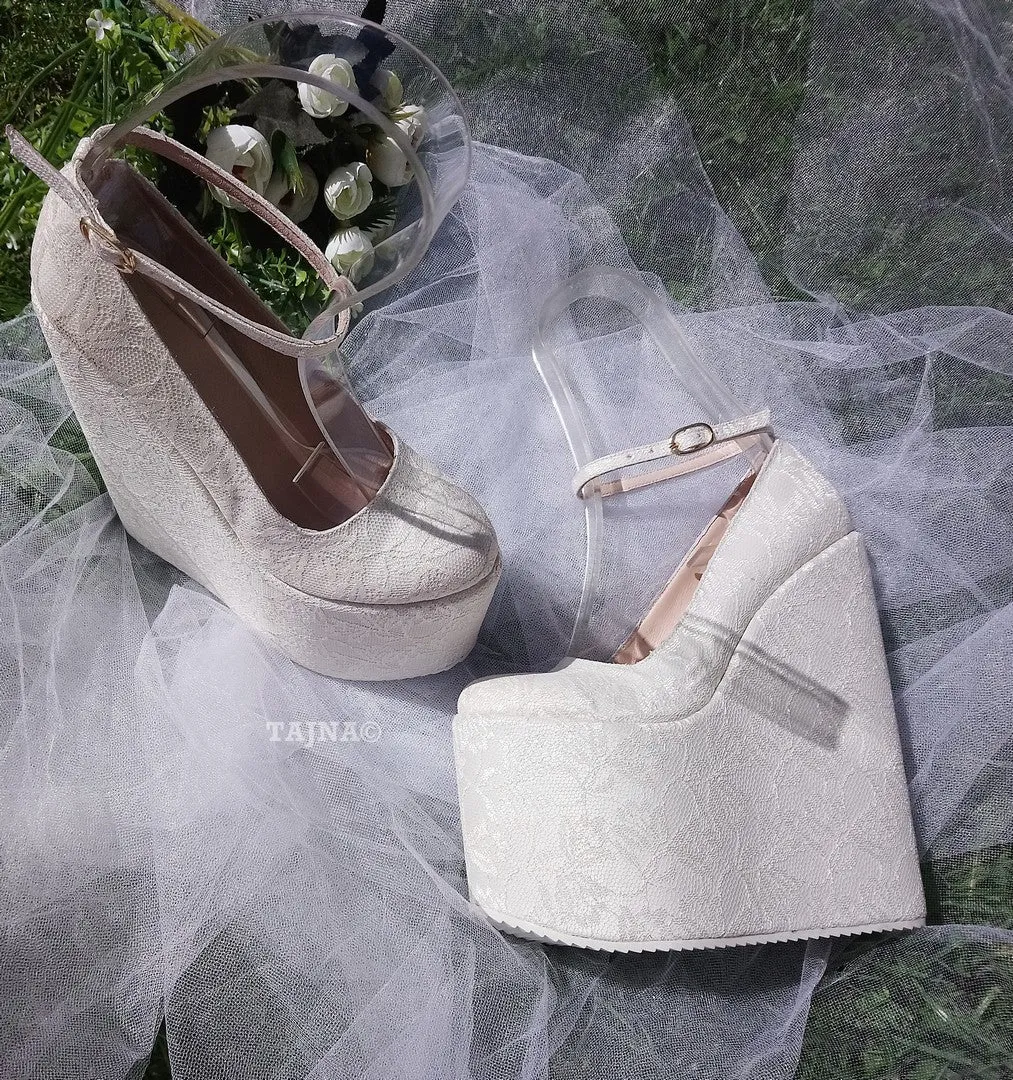 Ankle Strap White Lace High Wedge Wedding Shoes