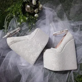 Ankle Strap White Lace High Wedge Wedding Shoes