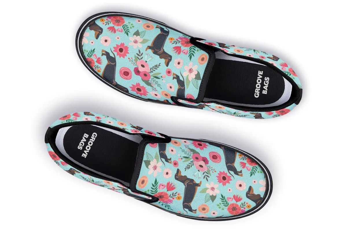 Black Dachshund Flower Slip-On Shoes