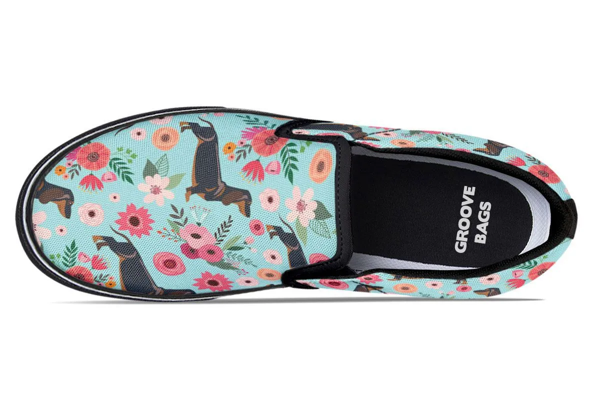 Black Dachshund Flower Slip-On Shoes