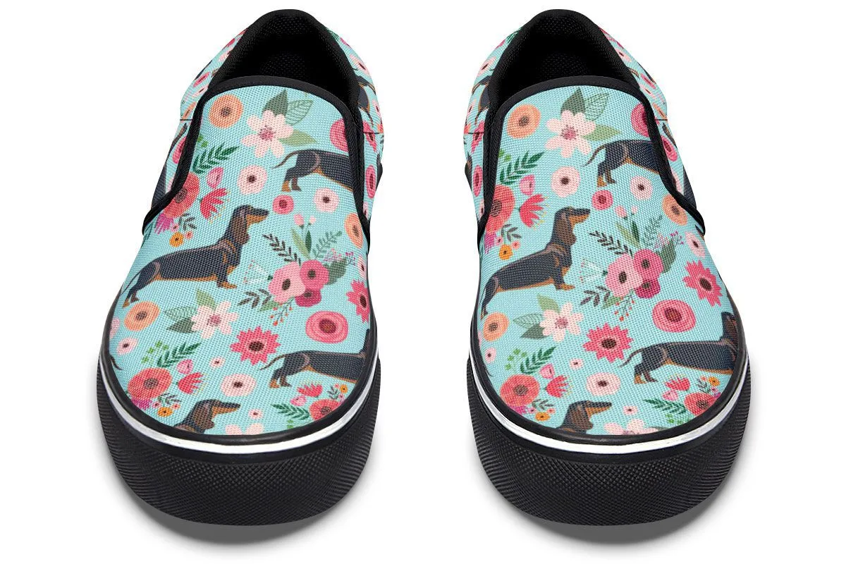 Black Dachshund Flower Slip-On Shoes