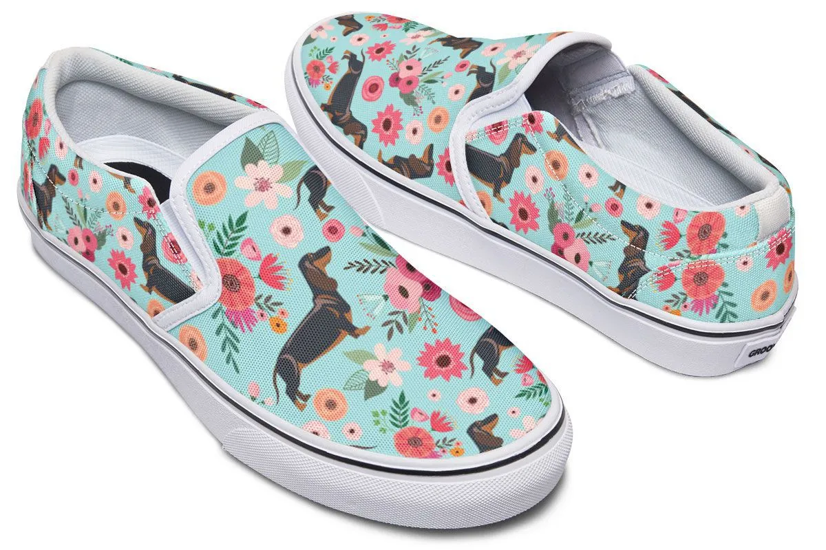 Black Dachshund Flower Slip-On Shoes