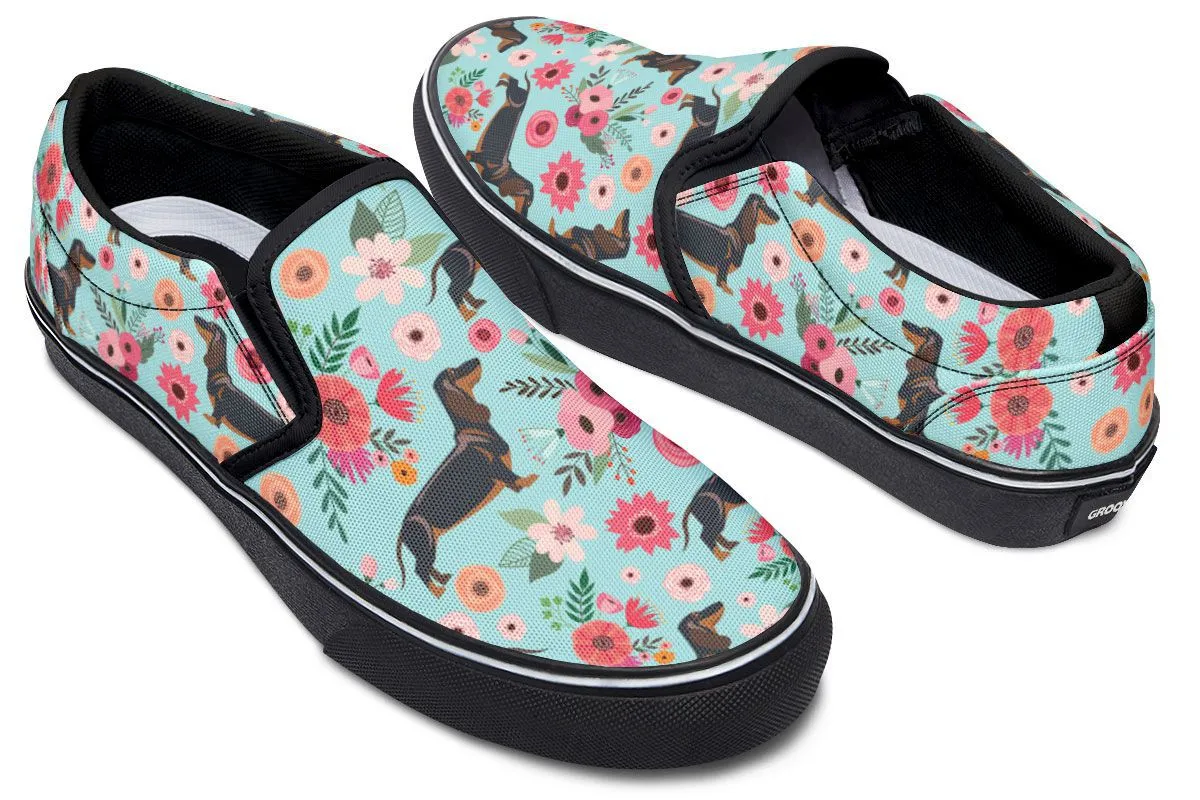 Black Dachshund Flower Slip-On Shoes