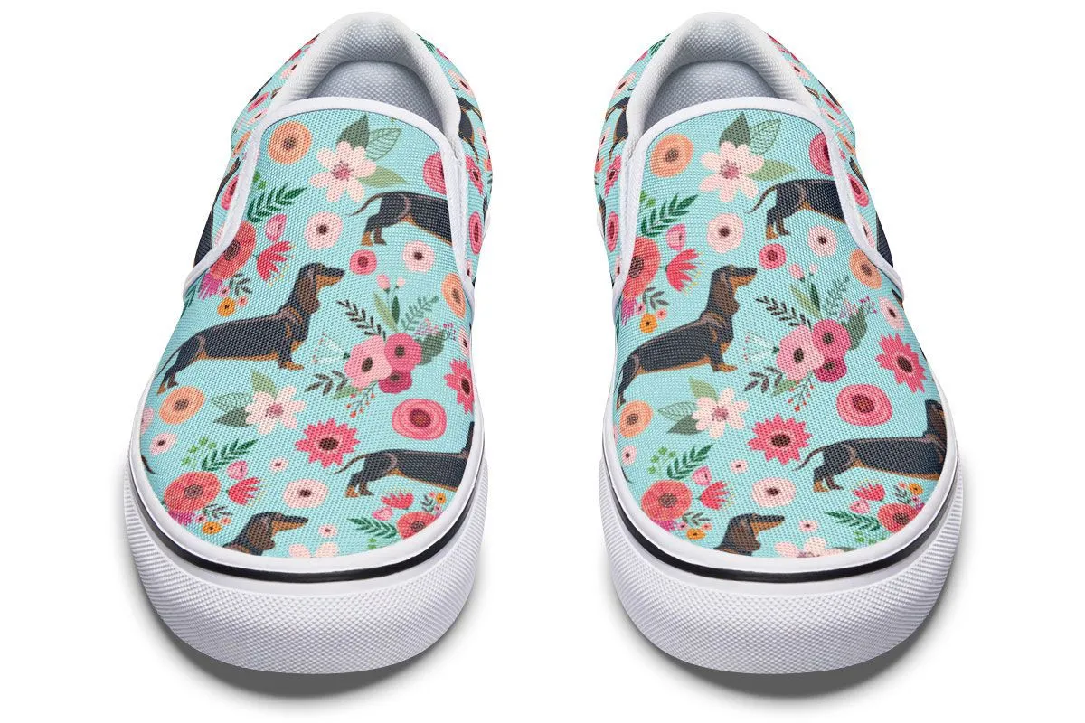 Black Dachshund Flower Slip-On Shoes