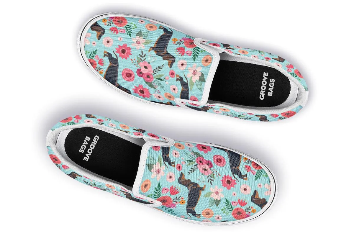 Black Dachshund Flower Slip-On Shoes