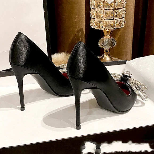 Black High Heels Women's Bow Stiletto Heel Temperament Pointed Rhinestone Shoes