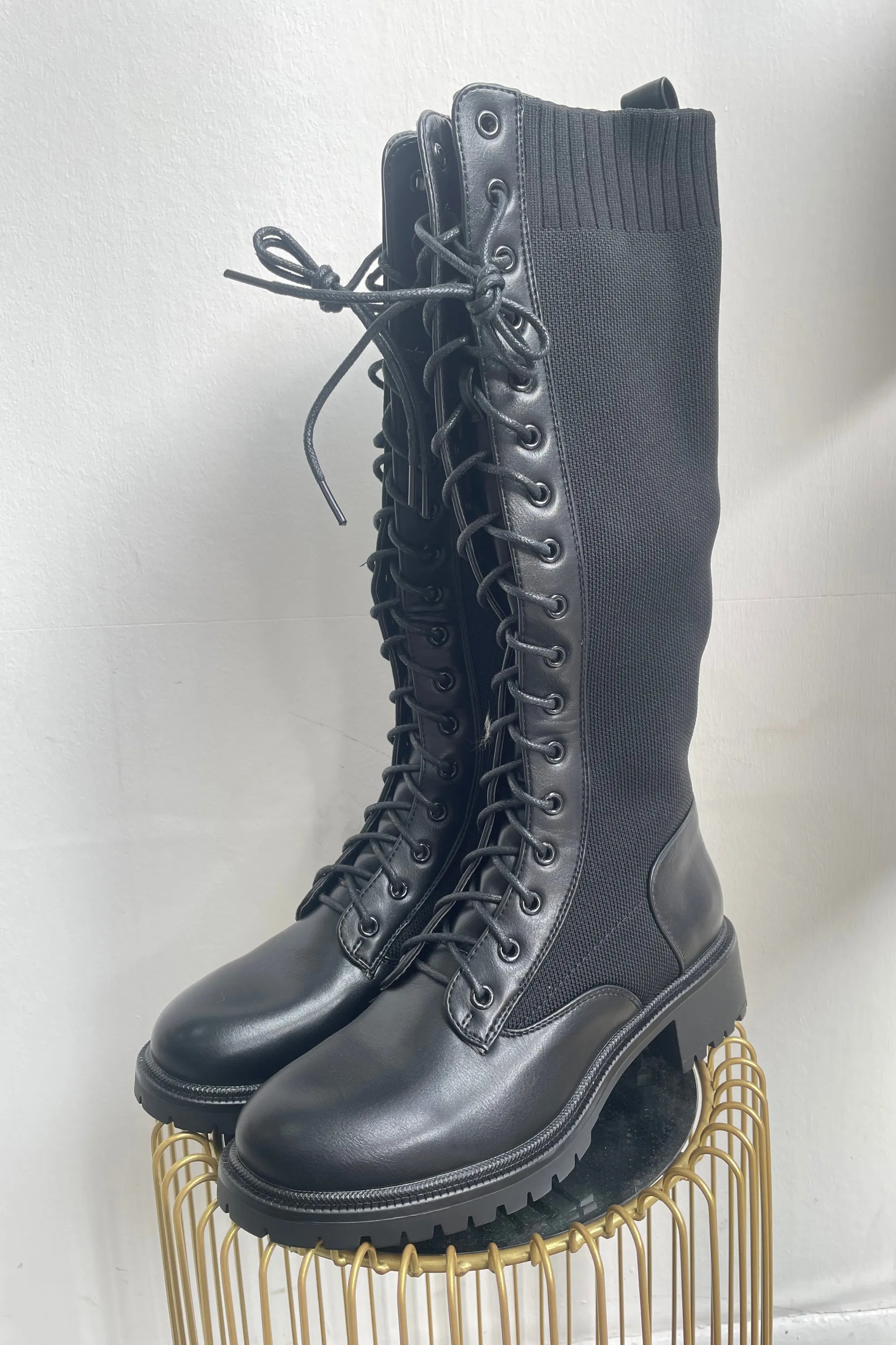 Black lace up longline boots