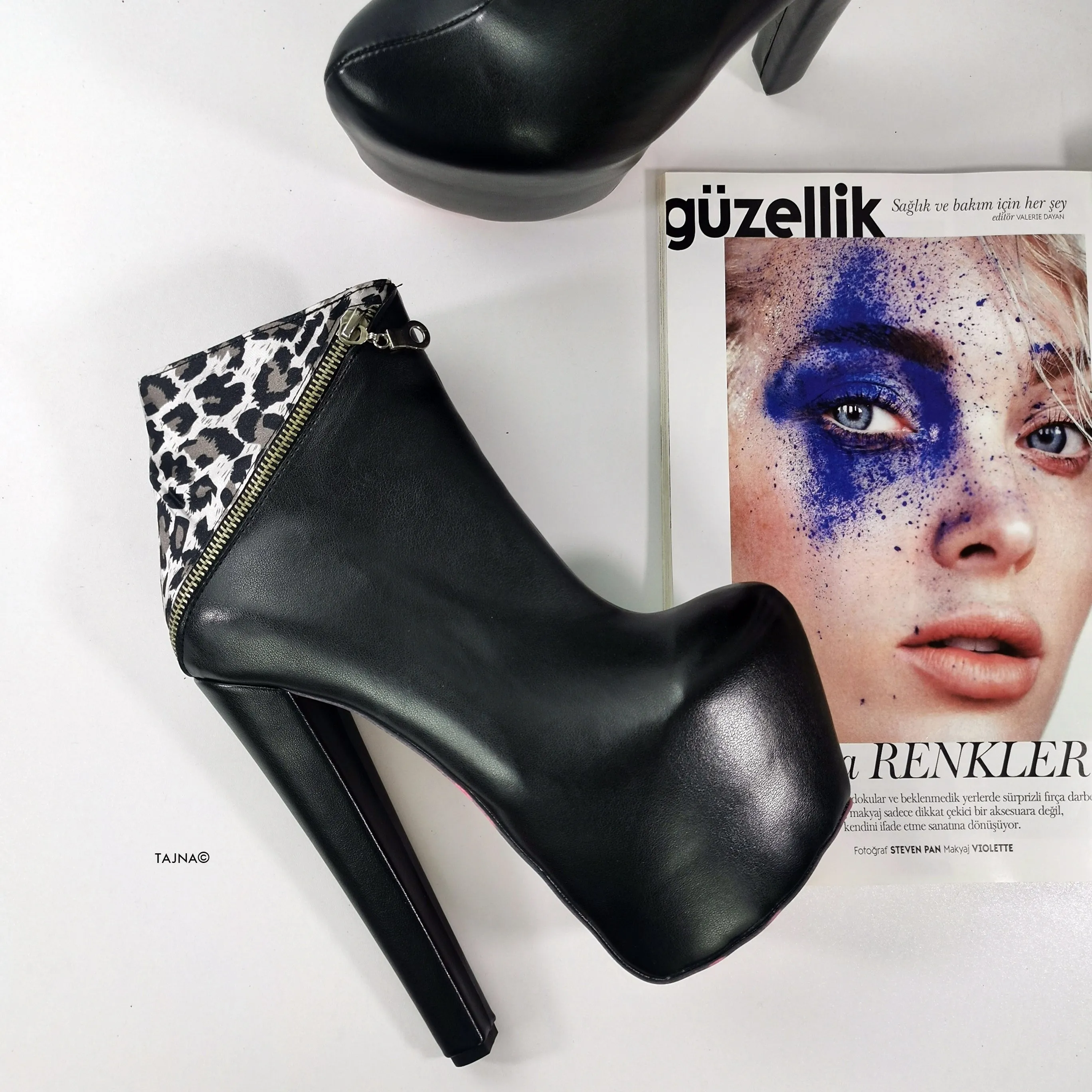 Black Leopard Detail Ankle High Heel Boots