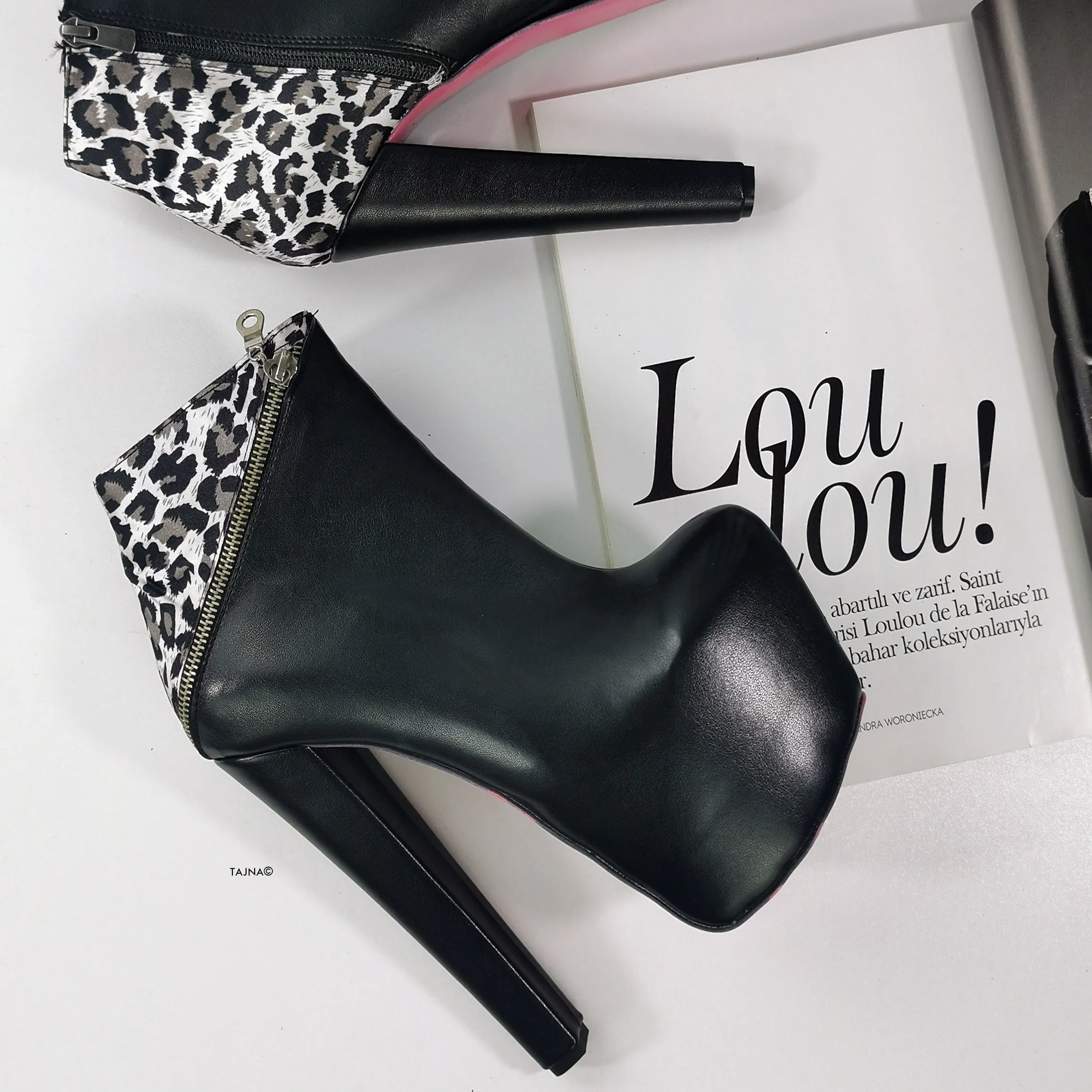 Black Leopard Detail Ankle High Heel Boots