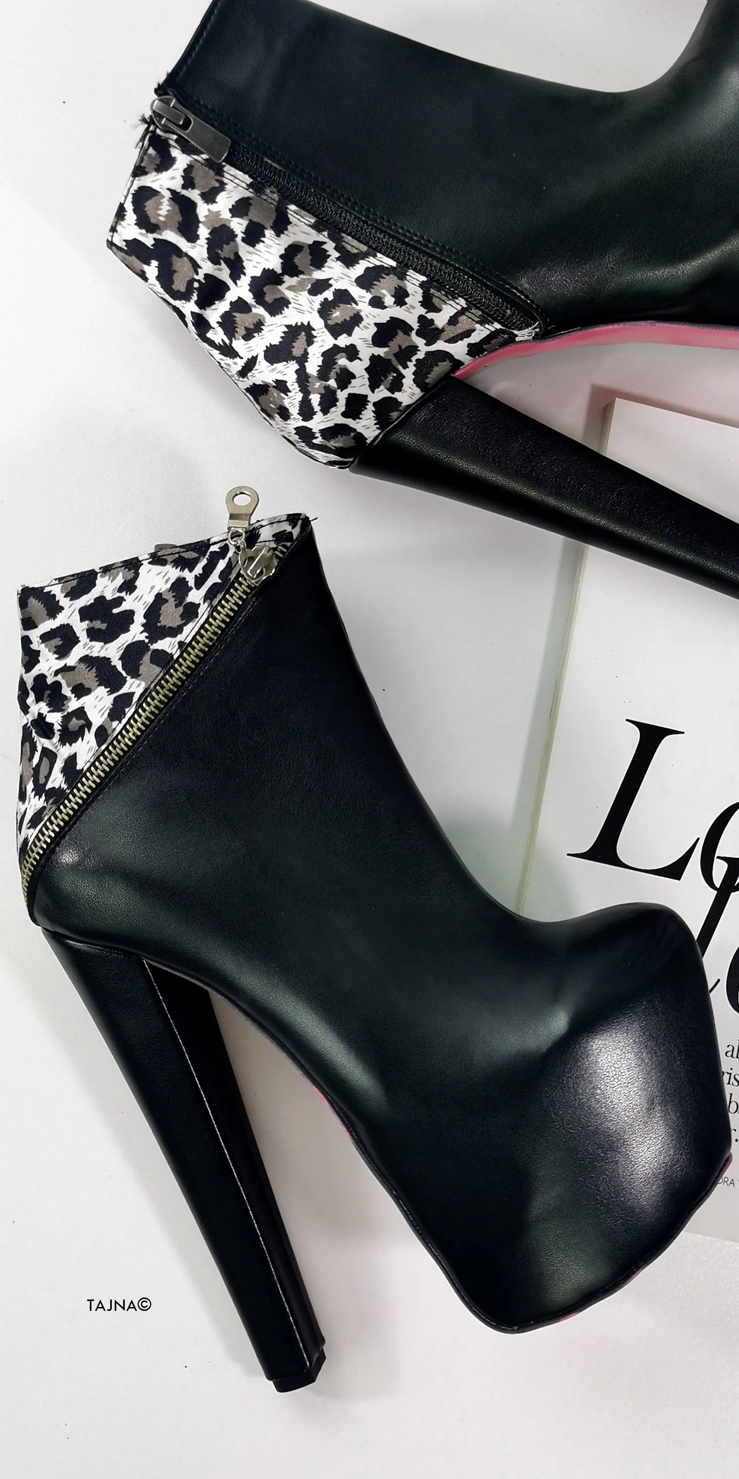 Black Leopard Detail Ankle High Heel Boots