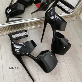 Black Patent Gemstone Ankle Heels