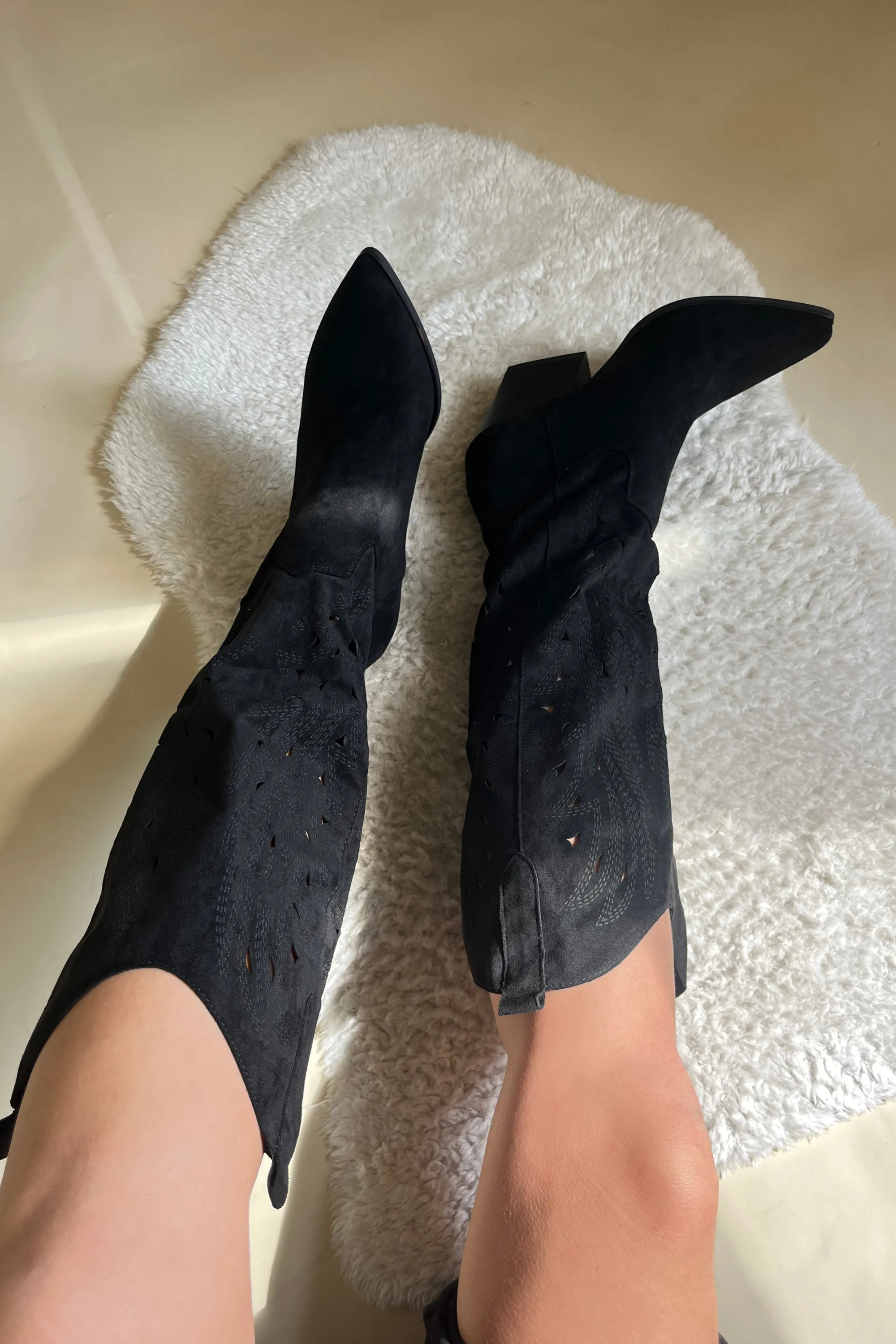 Black suedette long cowboy boots