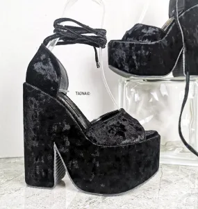 Black Velvet Ankle Lace Up Wedges