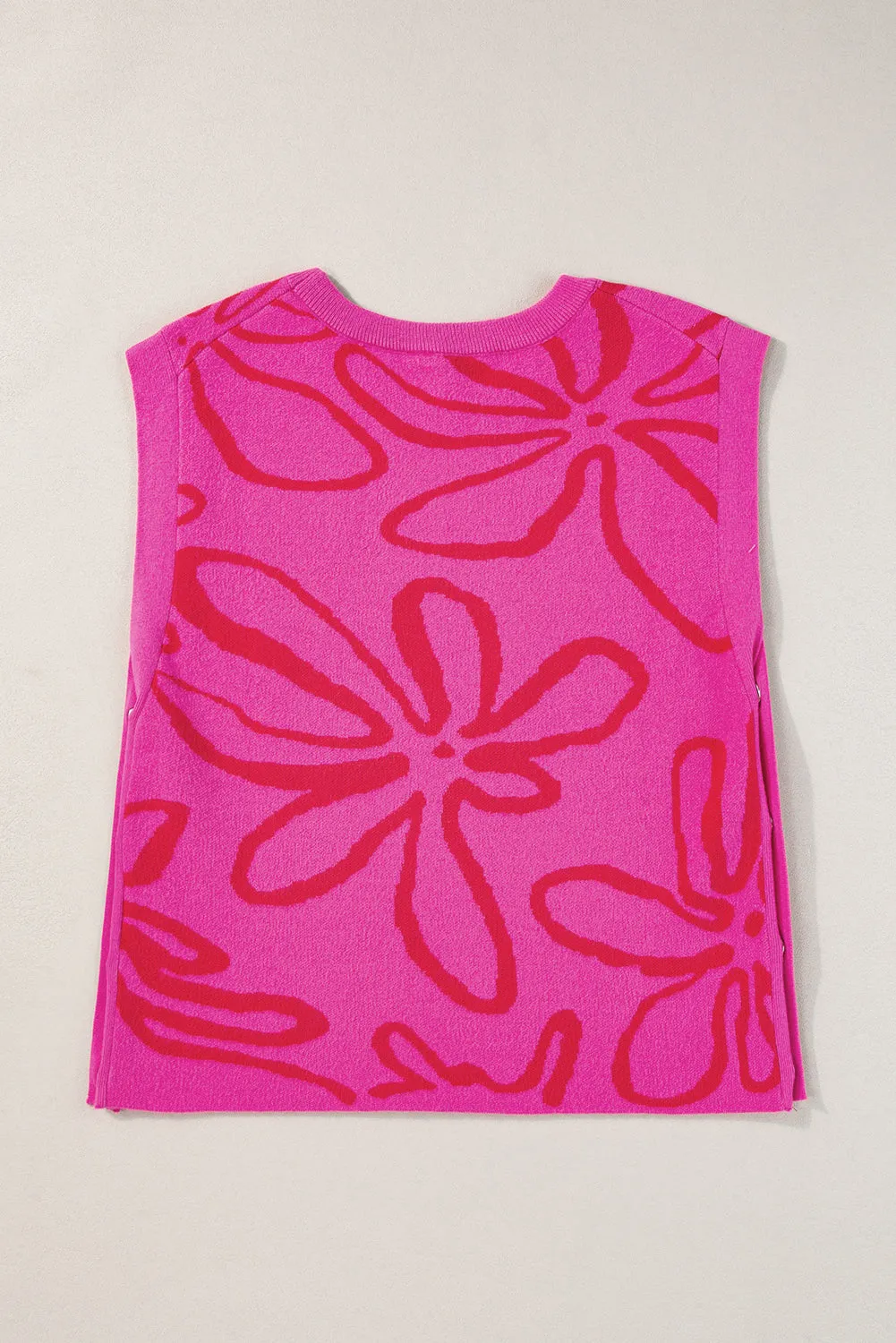 Button Sides Sleeveless Floral Knitted Top