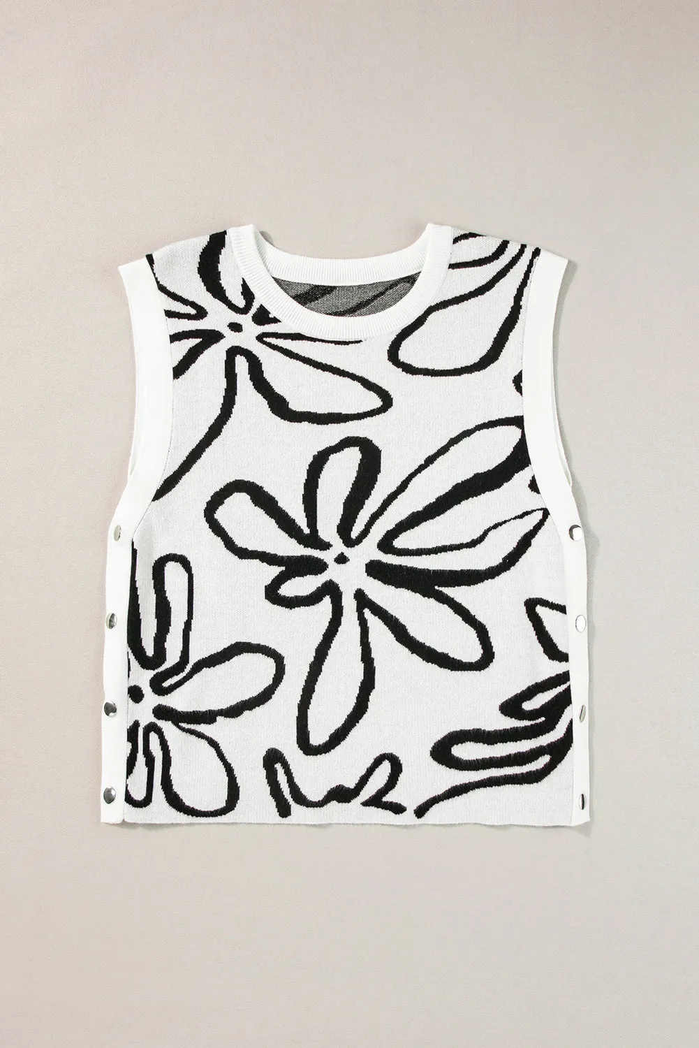 Button Sides Sleeveless Floral Knitted Top