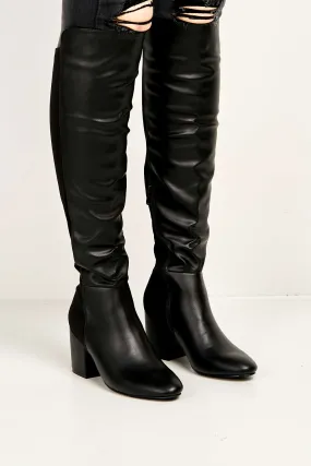 Chrissy Block Heel Over Knee Boots in Black Matt