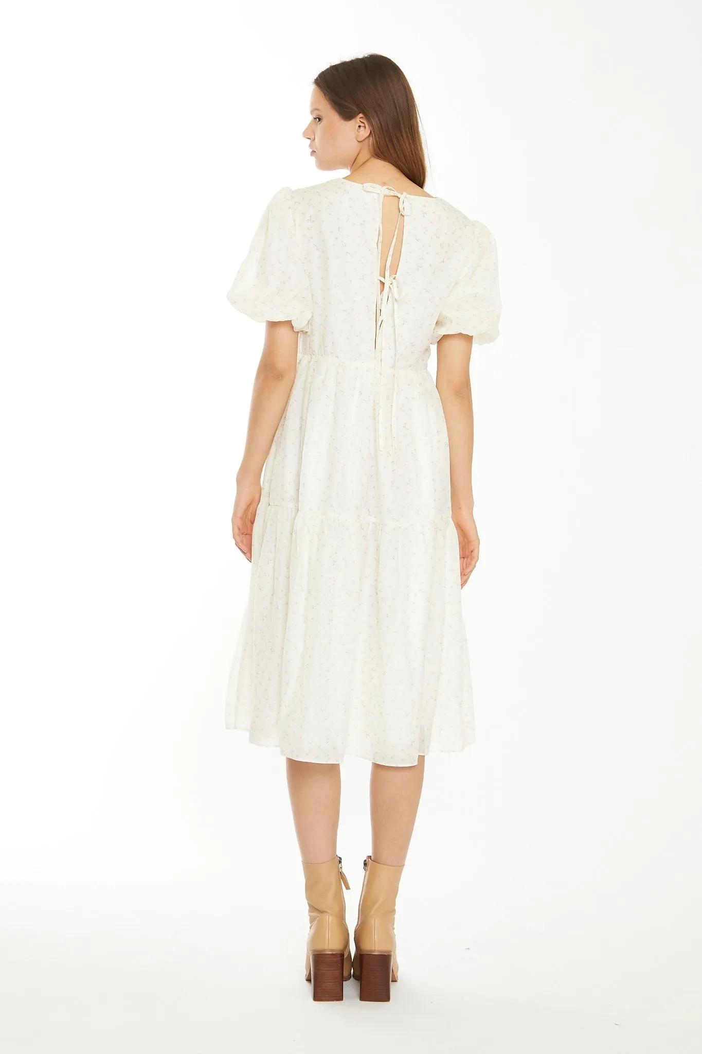 Cream Peach Ditsy Organza Midi-Dress