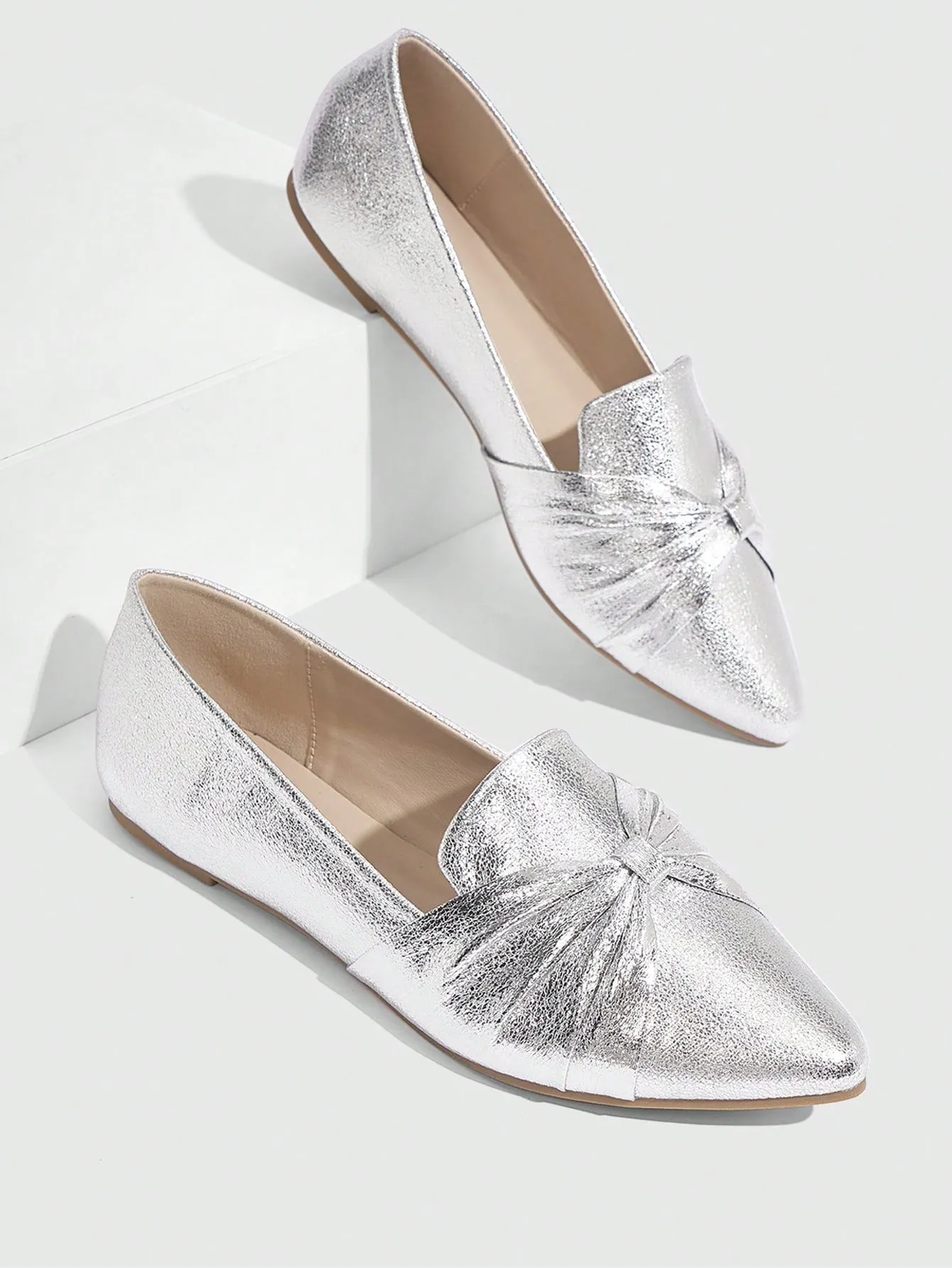 CUCCOO CHICEST Woman Shoes Fashionable Silver Flat Shoes With Bowknot Wedding Shoes For Summer Vacation Shoes Summer Sale