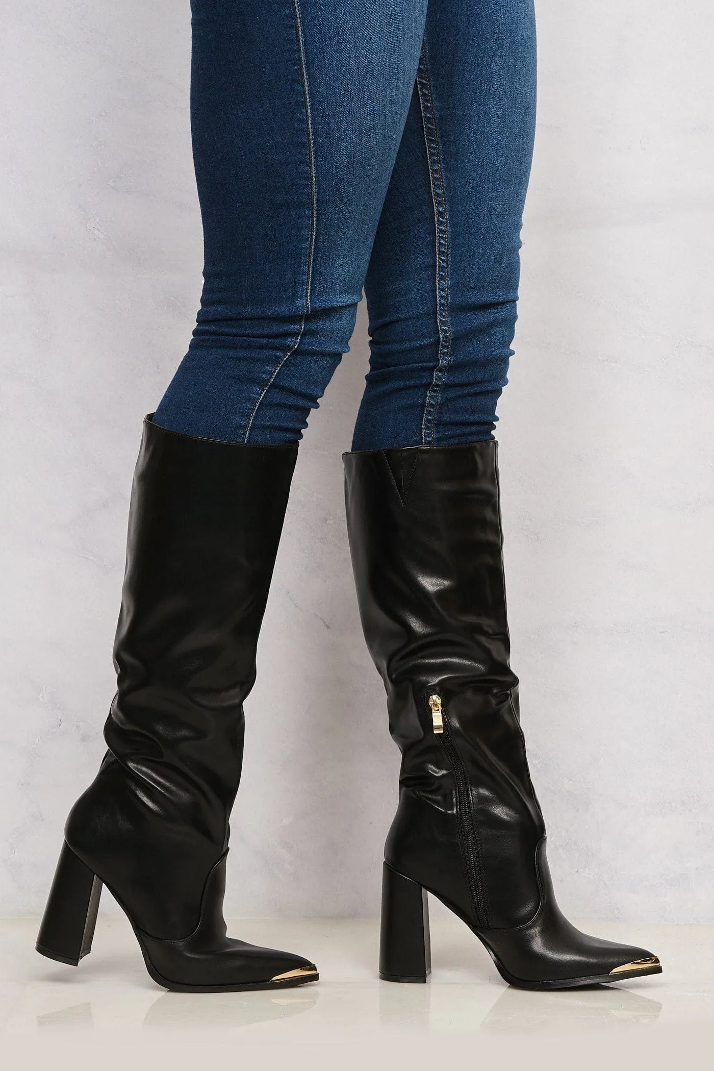 Deena Pointed Toe Gold Trim Knee High Boot in Black