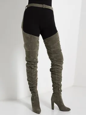 Green Suede Belt Thigh High Boots