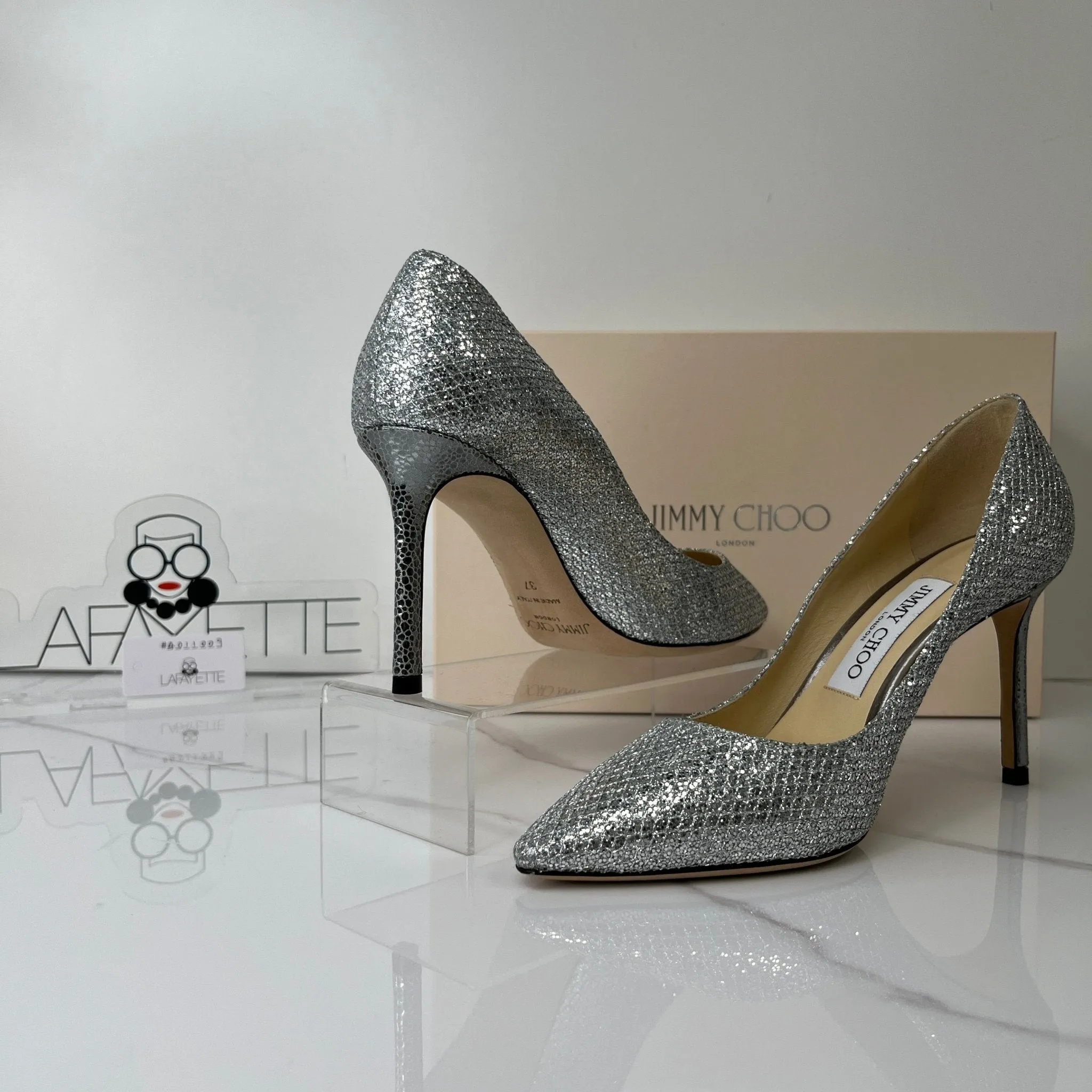 Jimmy Choo Romy 85 Silver Glitter Pump - Size 37