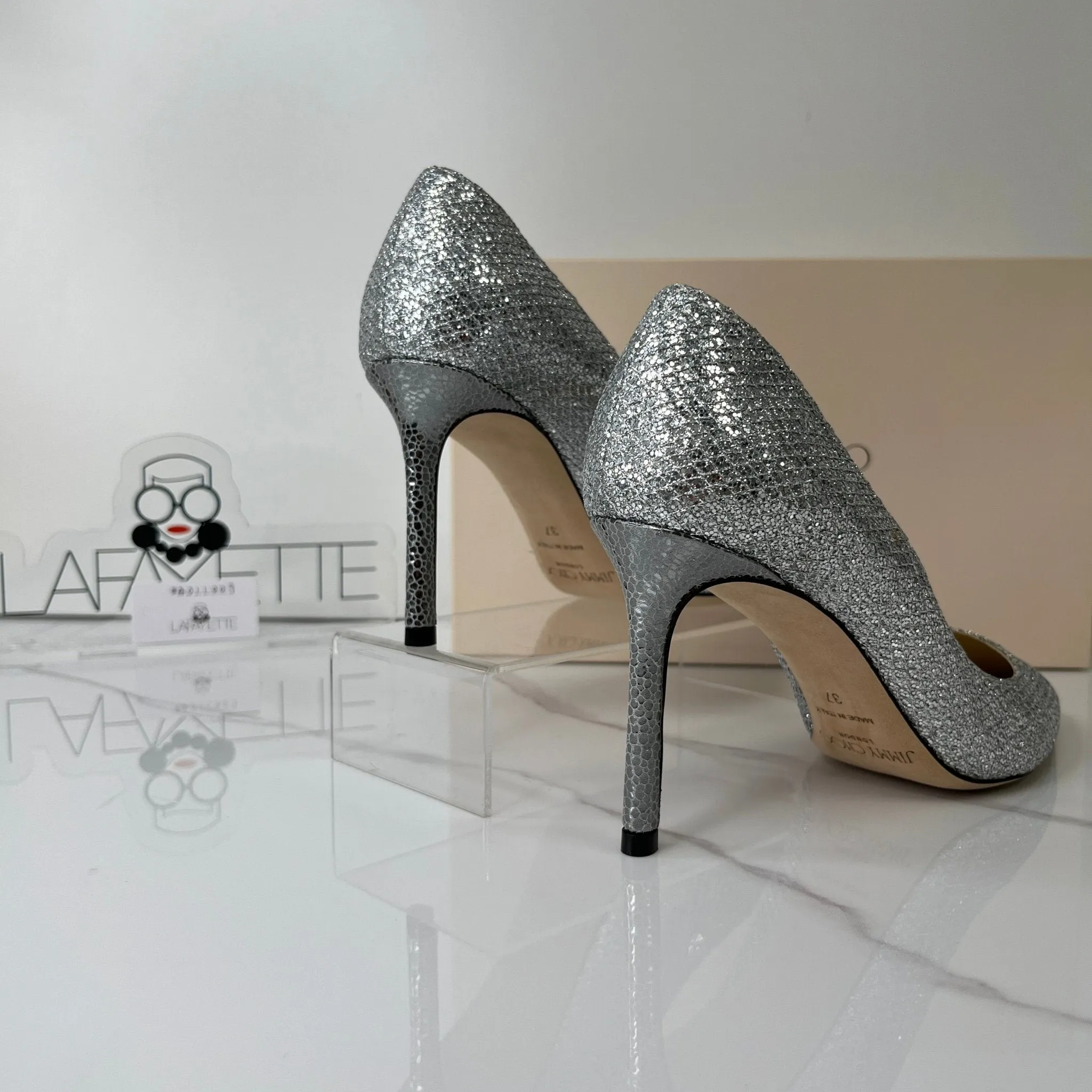 Jimmy Choo Romy 85 Silver Glitter Pump - Size 37