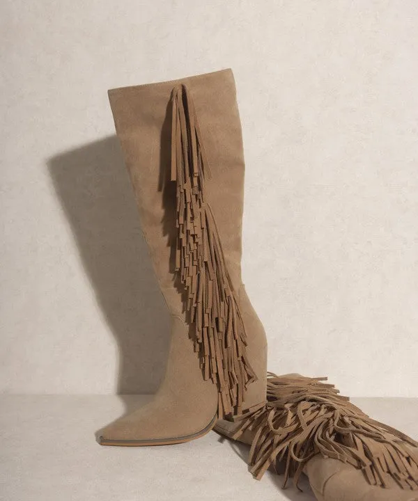 Khaki Bohemian Knee High Fringe Boots