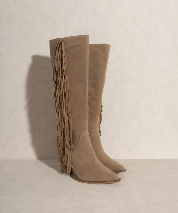 Khaki Bohemian Knee High Fringe Boots