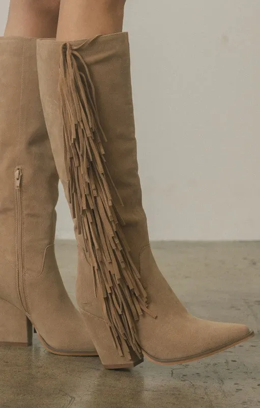 Khaki Bohemian Knee High Fringe Boots