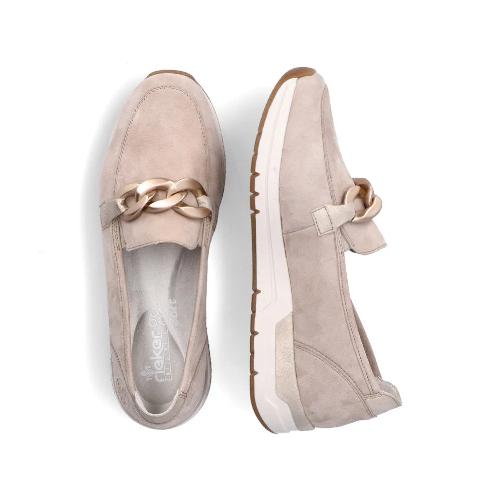 Ladies Rieker Slip On Shoes Rose Gold Buckle Detail Cream Suede 58944-60 sale