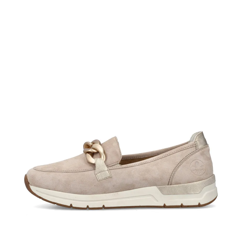 Ladies Rieker Slip On Shoes Rose Gold Buckle Detail Cream Suede 58944-60 sale