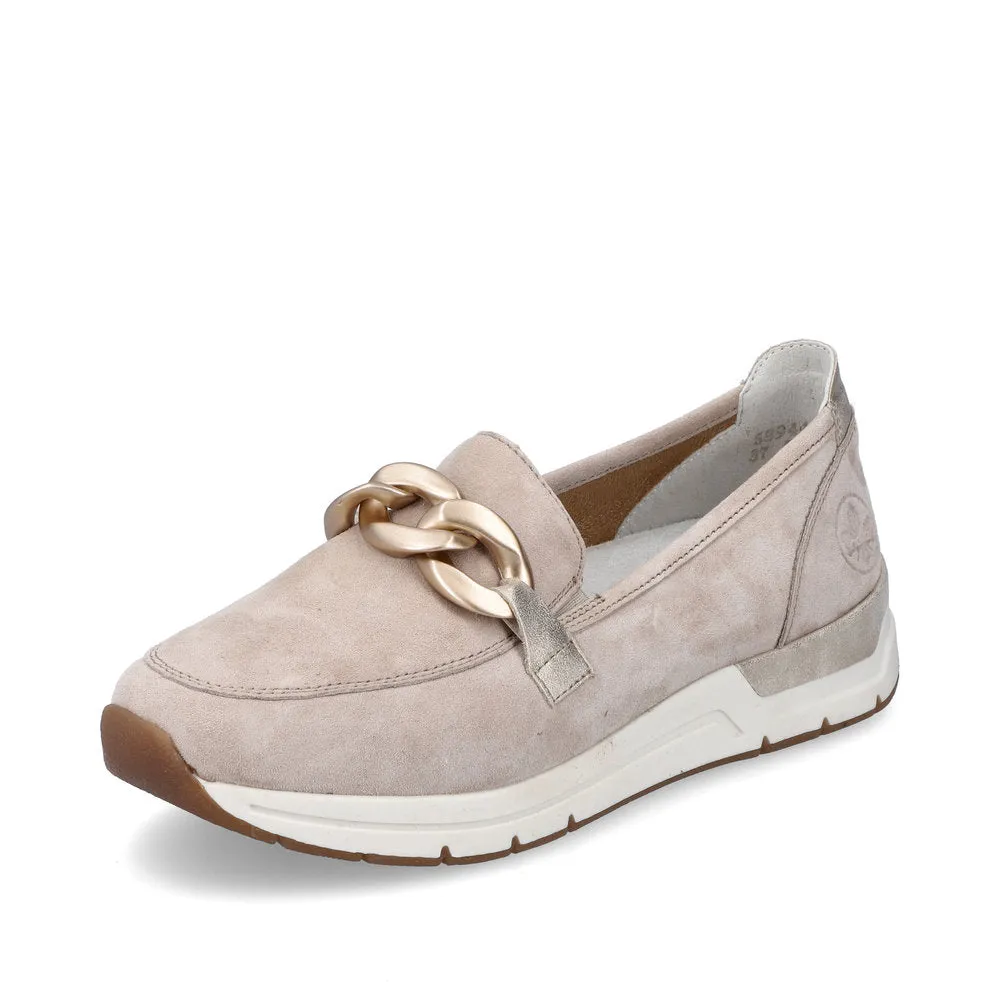 Ladies Rieker Slip On Shoes Rose Gold Buckle Detail Cream Suede 58944-60 sale