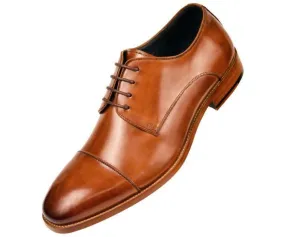 Leather Cap Toe Lace Up Oxford Dress Shoe with Wood Sole -Tan