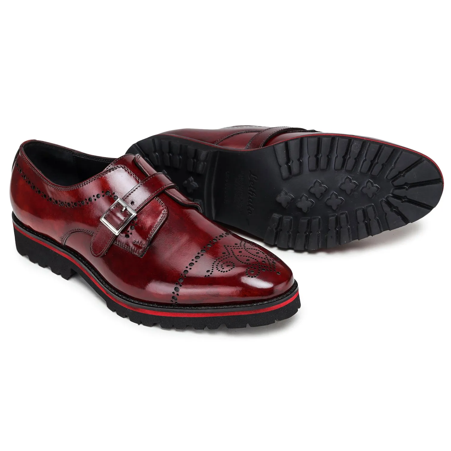 Medallion Toe Single Monk Strap - Wine Red