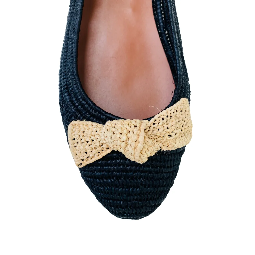 Raffia Ballet Flats (Black) with Natural Bow Tie