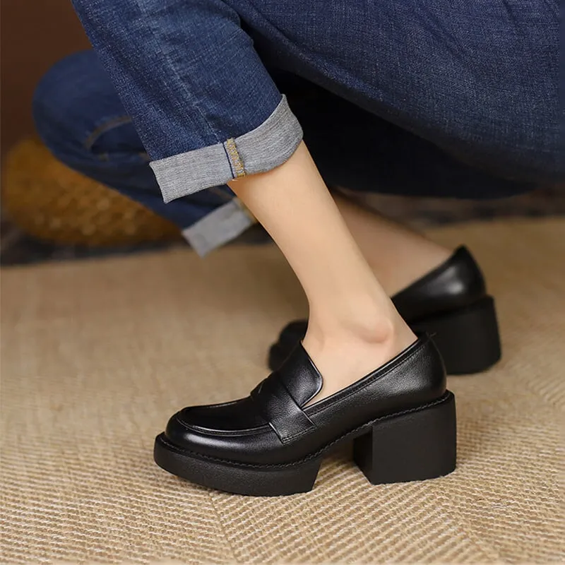 Retro Leather Penny Loafers for Women Round Toe Pumps in Black/Brown