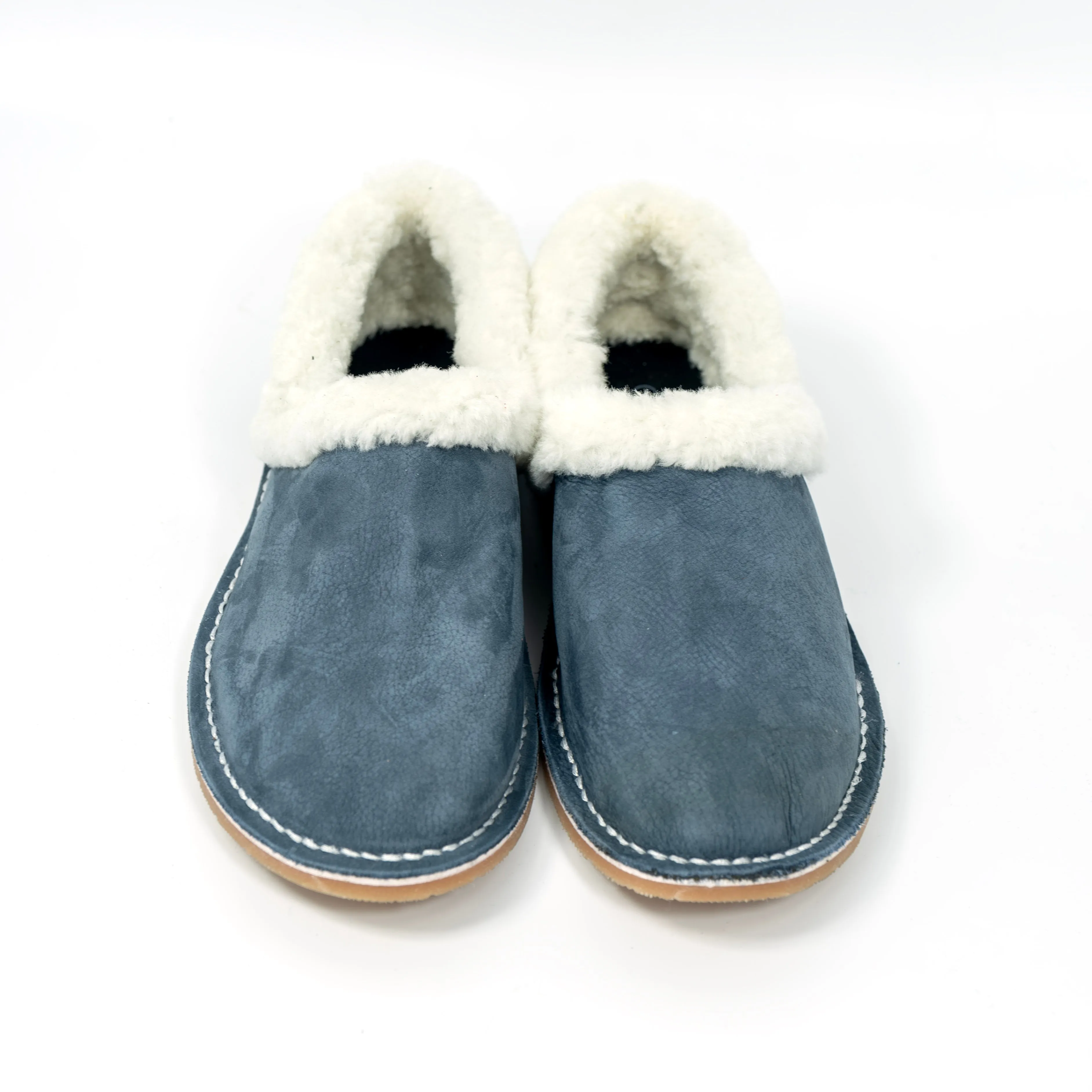 Unisex Genuine Leather Wool Slippers (Navy)