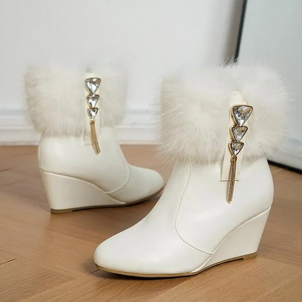 Women's Casual Fur Collar Rhinestone Wedge Booties 85896355S