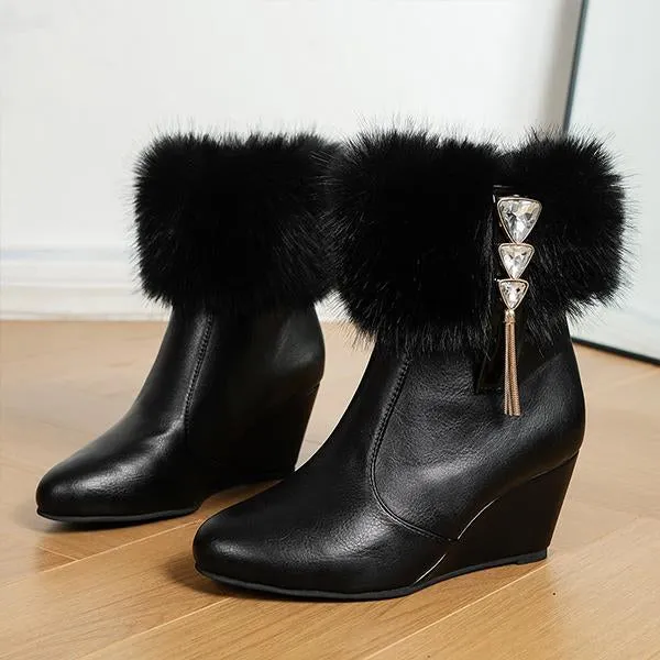 Women's Casual Fur Collar Rhinestone Wedge Booties 85896355S