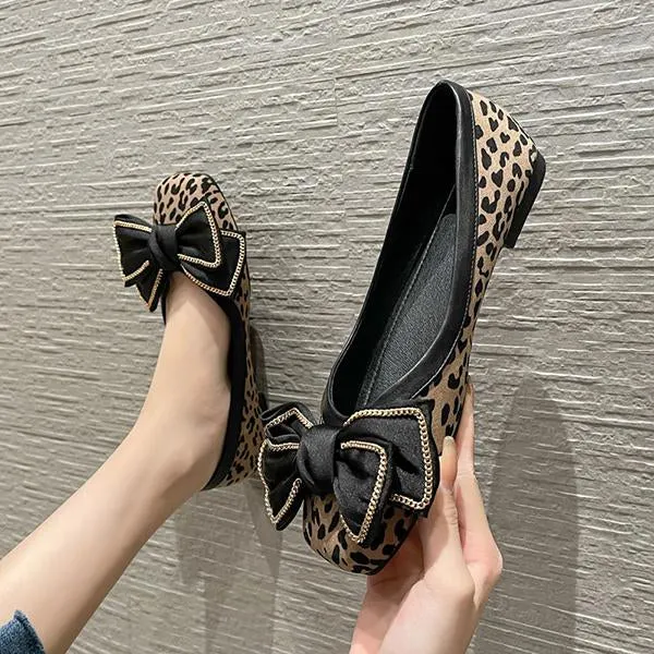 Women's Casual Leopard Print Bow Chain Flats 26248242S