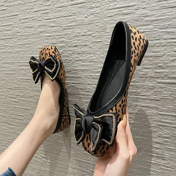 Women's Casual Leopard Print Bow Chain Flats 26248242S