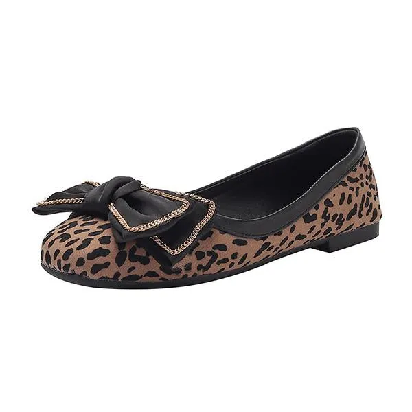 Women's Casual Leopard Print Bow Chain Flats 26248242S