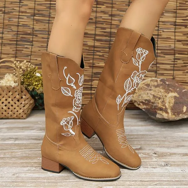 Women's Casual Rose Embroidery Chunk Heel Mid-calf Boots 42691341S