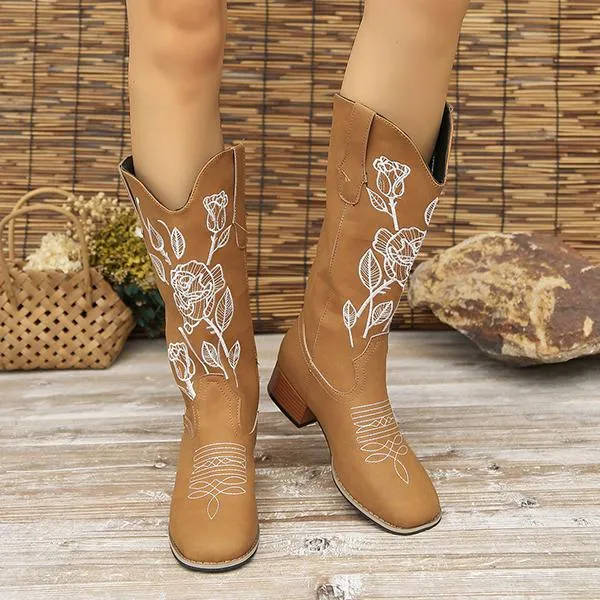 Women's Casual Rose Embroidery Chunk Heel Mid-calf Boots 42691341S