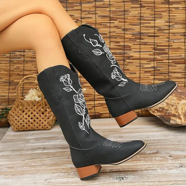 Women's Casual Rose Embroidery Chunk Heel Mid-calf Boots 42691341S