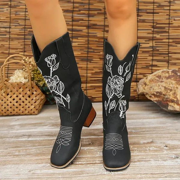 Women's Casual Rose Embroidery Chunk Heel Mid-calf Boots 42691341S