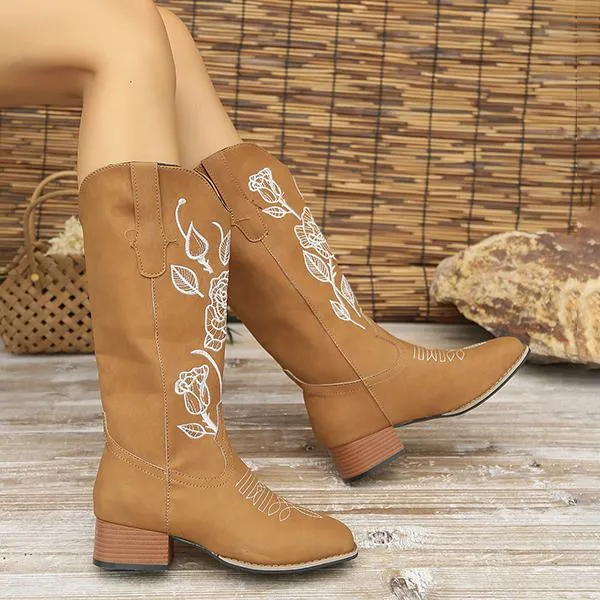 Women's Casual Rose Embroidery Chunk Heel Mid-calf Boots 42691341S